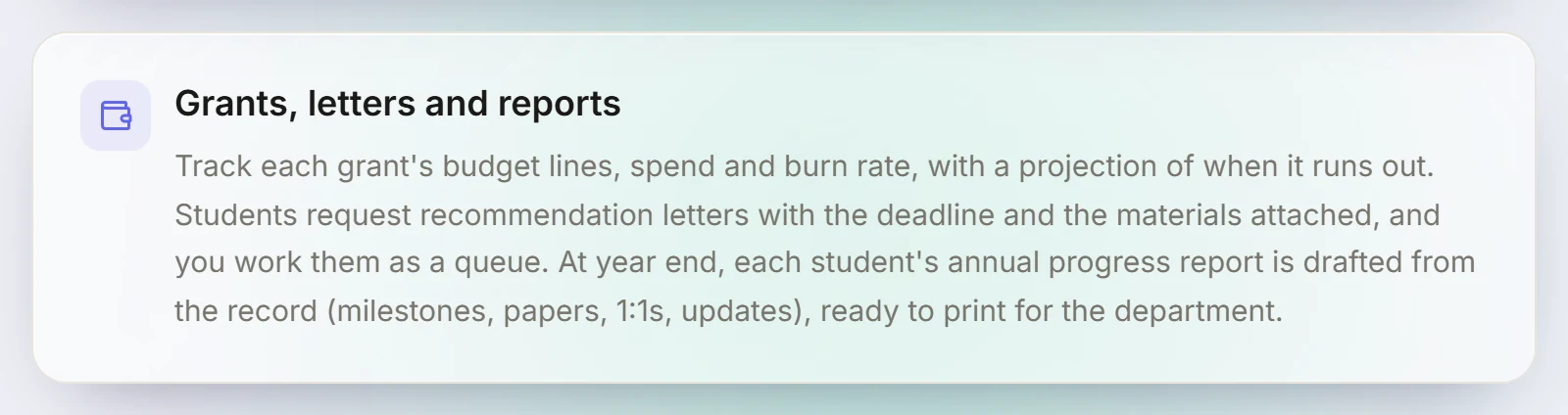 LetRelay research page card: Grants, letters and reports. Students request recommendation letters with the deadline and materials attached, and the PI works them as a queue