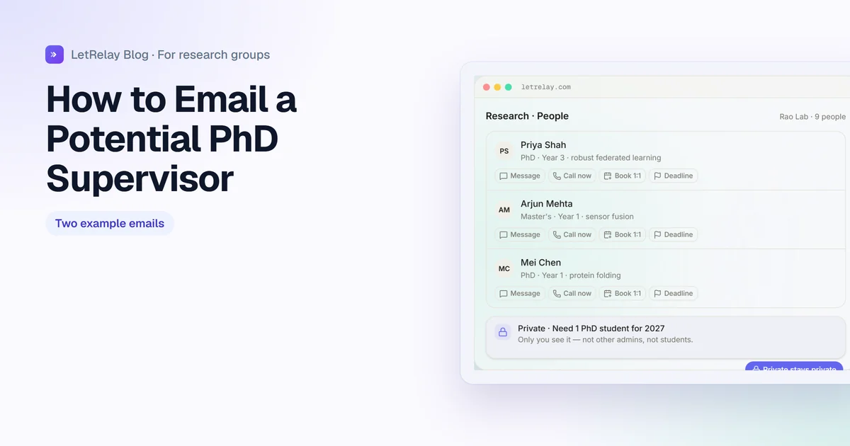 Title card: How to Email a Potential PhD Supervisor, with LetRelay's private recruiting note for a PI