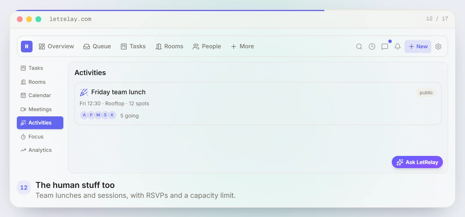 LetRelay activities view: a scheduled lab session with RSVPs and a capacity limit