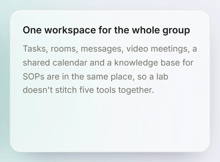 LetRelay research page card: One workspace for the whole group, with tasks, rooms, messages, video meetings, a shared calendar and a knowledge base for SOPs