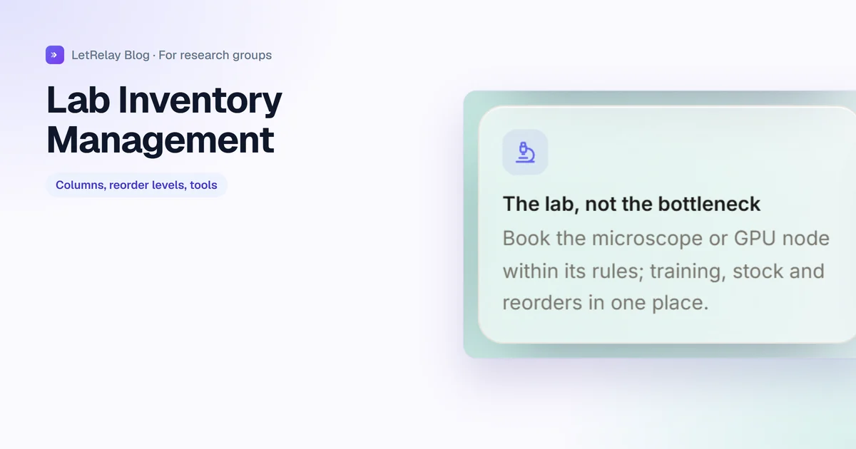Title card: Lab Inventory Management, spreadsheet template and beyond, with LetRelay's lab operations card on stock and reorders