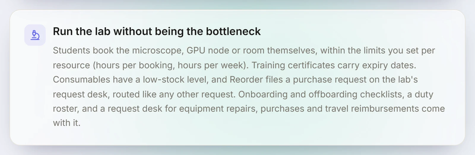 LetRelay research page card: Run the lab without being the bottleneck, with equipment booking, training expiry dates, low-stock levels and reorder requests