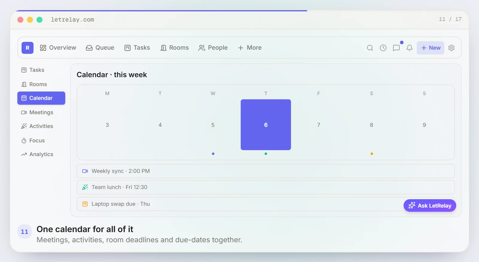 LetRelay shared calendar showing a weekly sync and other lab events in one calendar view