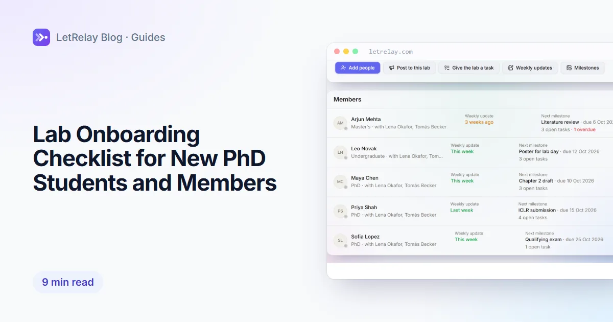Title card: Lab Onboarding Checklist for New PhD Students and Members, with LetRelay's lab page