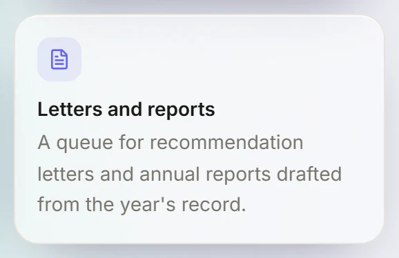LetRelay lab tile: Letters and reports, a queue for recommendation letters and annual reports drafted from the year's record